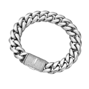 Men's steel color cuban chain necklace detail showcasing the paved letter clasp design.