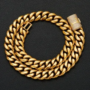 Men gold cuban link chain necklace with iced out letter flip clasp, hip hop jewelry.