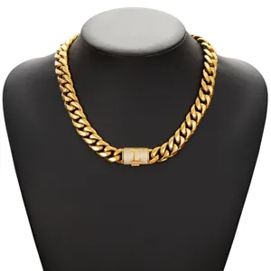 Gold mens hip hop cuban link necklace with iced out letter flip clasp fashion jewelry