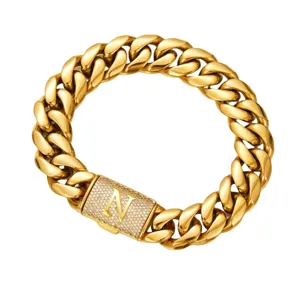 Men gold Cuban link chain necklace with paved rhinestone letter N flip clasp hip hop jewelry