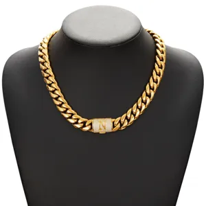 Men's hip hop gold cuban link chain necklace with iced out letter N lock clasp jewelry