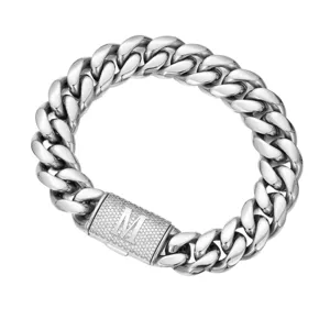 Men stainless steel cuban link chain necklace with letter M paved clasp hip hop jewelry