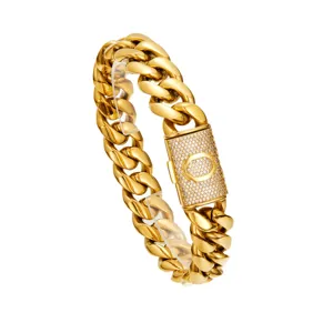 Gold cuban link chain necklace for men, hip hop style with iced out lock detail.