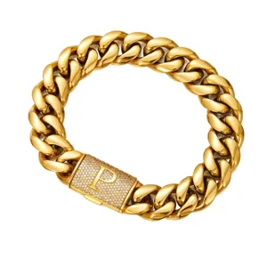 Men gold Cuban link chain necklace with iced out letter P lock hip hop jewelry gift.