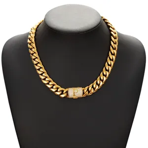 Men's hip hop gold cuban link chain necklace featuring iced out letter P clasp design.