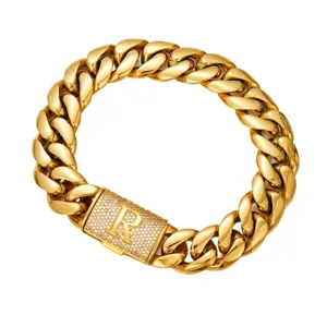 Golden Men's Hip Hop Cuban Link Chain Necklace with Iced Out Letter R Paved Clasp
