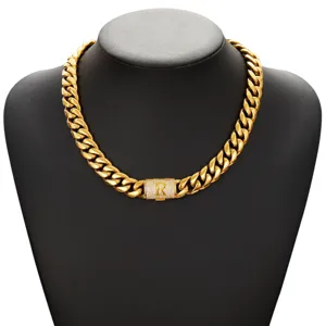 Gold cuban link chain necklace for men with rhinestone letter R clasp hip hop style jewelry