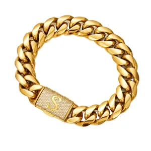 Men's gold Cuban link chain necklace with iced out letter S clasp hip hop jewelry accessory