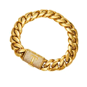 Men gold cuban link chain necklace with pavé diamond letter T clasp hip hop fashion jewelry