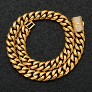 Men's gold hip-hop Cuban link chain necklace with iced out letter T box clasp jewelry
