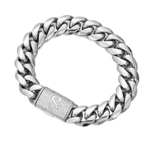 Men hip hop Cuban chain necklace with paved letter clasp, steel color fashion jewelry detail.