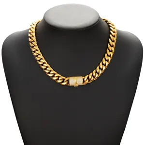 Men Gold Hip Hop Cuban Chain Necklace Letter T Paved Clasp Luxury Hiphop Jewelry