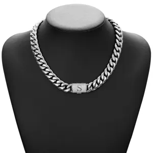 Men hip hop Cuban link chain necklace with paved rhinestone letter S flip clasp steel.
