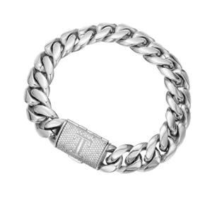 Men stainless steel cuban link chain necklace with pavé rhinestone letter T box clasp