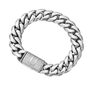 Men's hip hop cuban link chain necklace with iced out letter U clasp in silver finish.