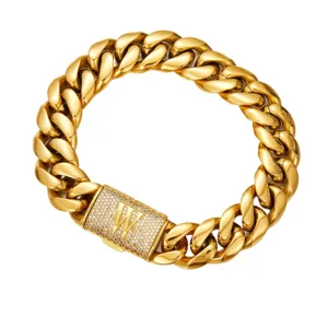 Men gold Cuban link chain necklace with paved rhinestone flip clasp and custom letter W design.