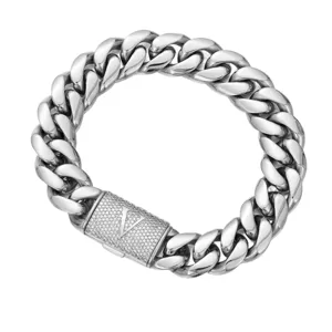 Men hip hop cuban link chain stainless steel necklace with iced out letter V box clasp