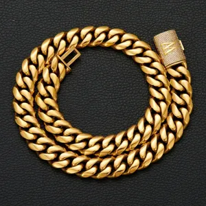 Men hip hop gold cuban link chain necklace with iced out letter clasp, bold jewelry style.