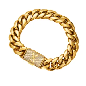 Gold cuban link chain necklace with diamond pave letter X clasp for men hip hop jewelry
