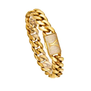 Men's Hip Hop Gold Cuban Link Chain Necklace with Pave Rhinestone Monogram Lock Clasp