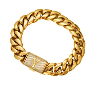 Gold Cuban link chain necklace with iced out letter Y clasp detail for men hip hop jewelry.