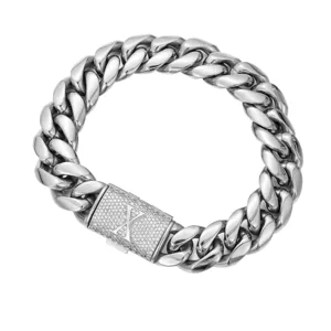 Men stainless steel Cuban link chain necklace with iced out crystal letter X clasp hip hop