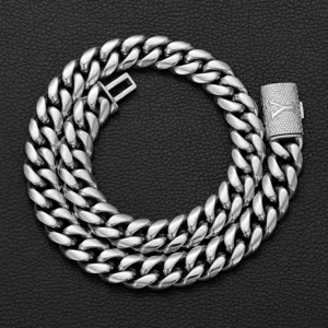 Men's hip hop cuban chain necklace detail, steel color metal links with letter Y lock clasp.