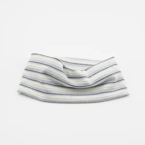 Blue and white striped knitted headband detail, soft ribbed elastic hair accessory!