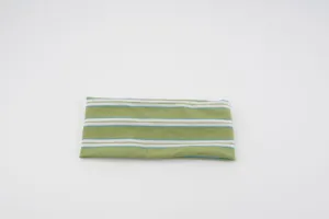 Green striped knit stretchy hairband detail view, soft comfortable athletic headband.