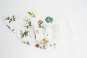 White floral embroidered triangle headscarf, cotton checkered fabric hair band, elegant neck scarf.