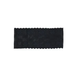 Detailed view of black lace elastic hairband featuring delicate bow and wave edge pattern.