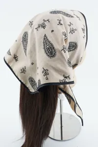 Vintage paisley embroidered cotton triangle headscarf, breathable retro bandana headwear for women.