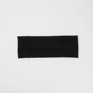 Detailed view of the black knitted headband showing the textured diamond cable pattern.