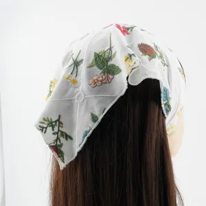 Floral embroidered triangle headscarf white grid cotton hair accessory for women.