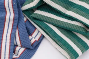 Detailed view of elastic knit striped fabric material showing soft texture and colors.