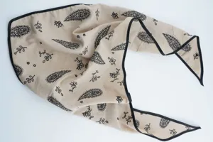 Vintage floral paisley bandana scarf with black piping, breathable cotton for women styling.