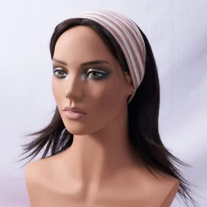 Detailed view of the retro striped knitted headband, wide elastic hair band for yoga.