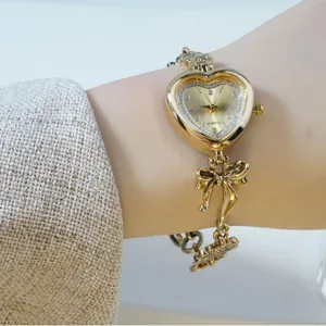 Women Quartz Watch Vintage Love Heart Bracelet Watch Gold Bowknot Flower Fashion Wristwatch Rhinestone Ladies Gift