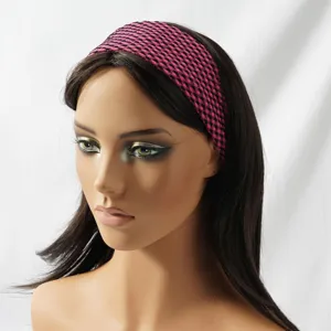 Pink and black checkered elastic hair band, retro geometric fashion headband for women details.