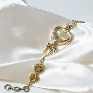 Vintage Gold Heart Watch Bracelet Bow Sunflower Charm Quartz Women Fashion Wristwatch