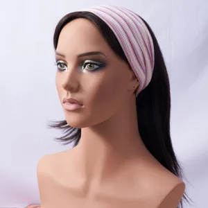 Close-up detail of the pink and white striped knitted wide headband with stretchy fit.
