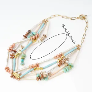 Bohemian multi-strand colorful necklace with irregular beads and gold chain, 49cm length.