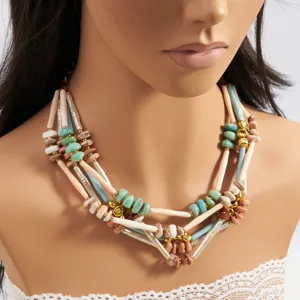 Bohemian colorful multi-strand beaded necklace detail, unique irregular pearl and gold accent design.