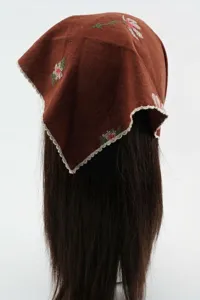Retro embroidered headscarf caramel floral triangle kerchief vintage hair wrap for women.