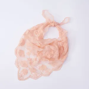 Pink lace triangle scarf, embroidered floral headscarf, elegant hollow lace bandana for women.