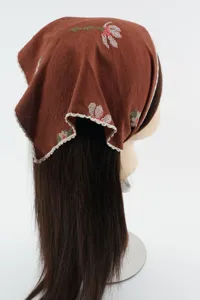 Caramel brown embroidered floral triangle headscarf vintage retro literary hair wrap band