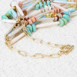 Bohemian colorful beaded necklace with gold chain and toggle clasp, stylish choker for women.