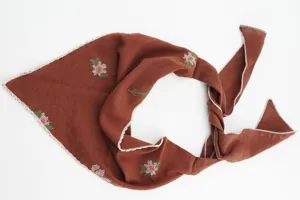 Caramel retro floral embroidered triangular headscarf with delicate lace trim for women.