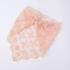 Delicate pink lace triangular scarf with floral embroidery and scalloped edge detail for women