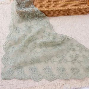 Sage green floral embroidered lace scarf delicate wavy edge vintage triangle shawl veil prop